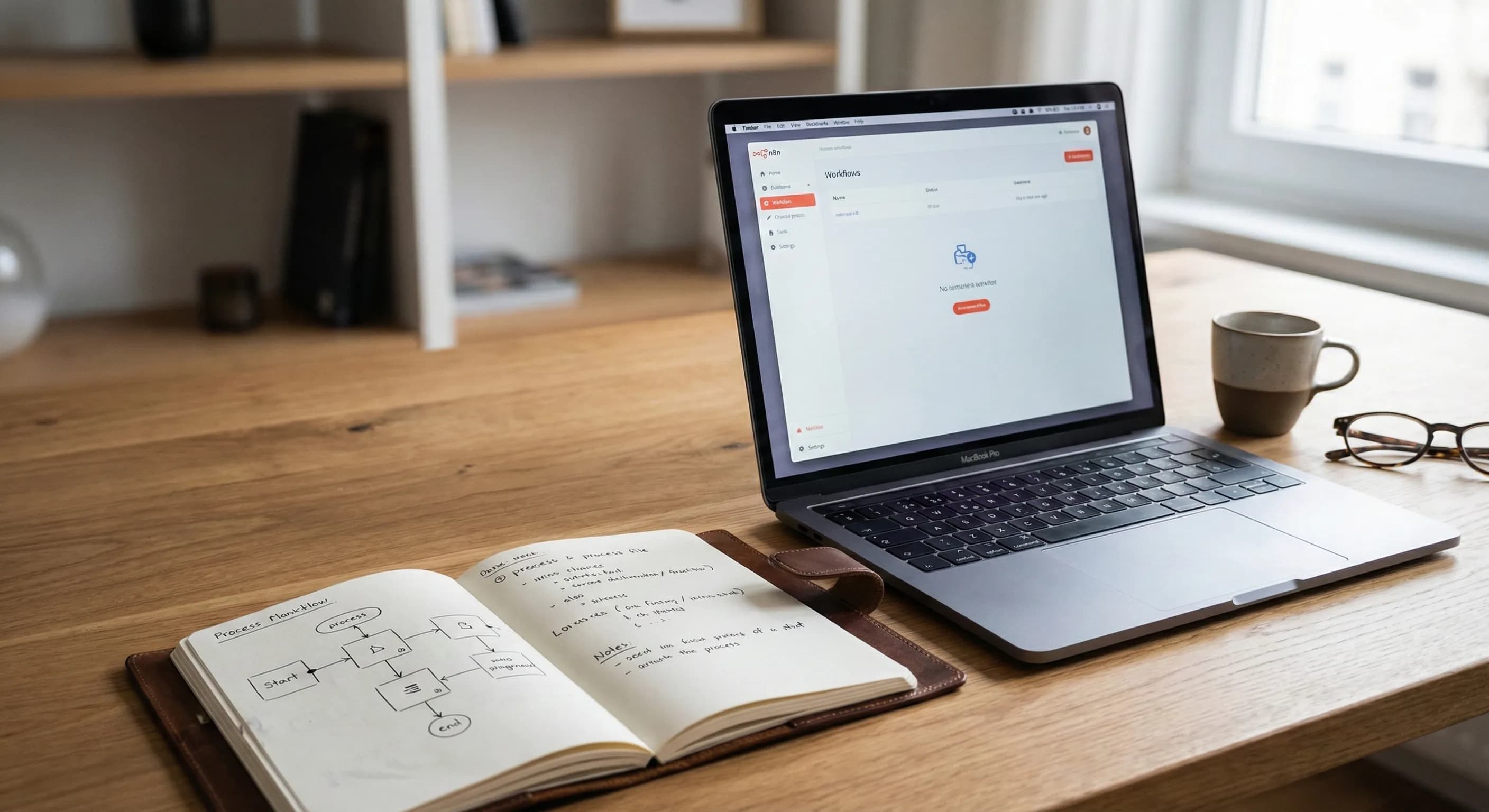 Ein aufgeräumter Arbeitsplatz mit Fokus auf Prozessplanung: Laptop und Notizbuch mit Workflow-Skizze auf einem warmen Holztisch.